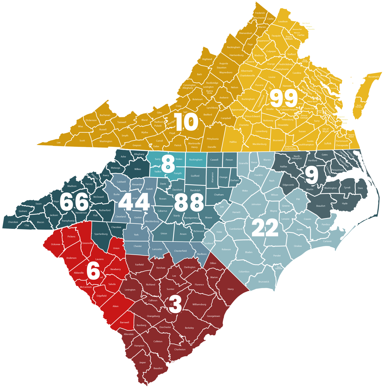 E.W. Process service area map in SC, NC, & Virginia.